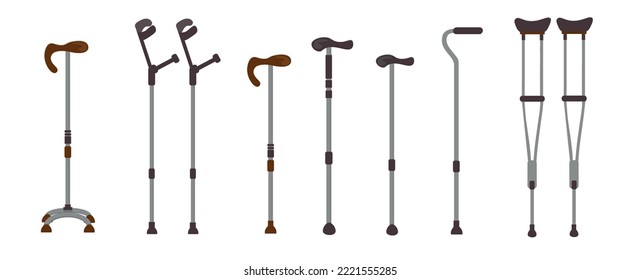 Set of wheelchairs in cartoon style. Vector illustration of walker, crutches, quad cane and forearm crutches for the elderly and disabled on white background.