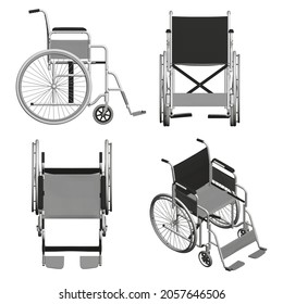 Set with wheelchairs isolated on white background. Isometric view, front, top, side. 3D. Vector illustration