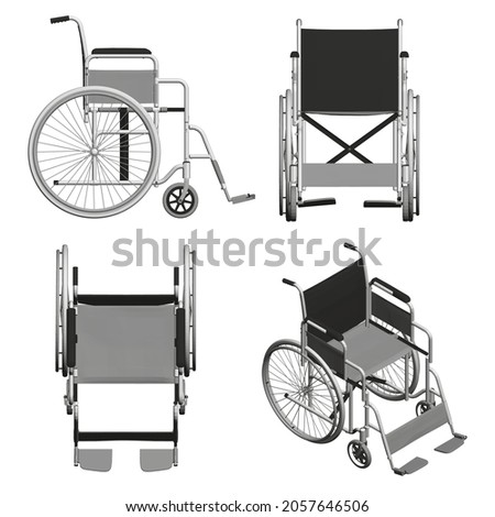 Set with wheelchairs isolated on white background. Isometric view, front, top, side. 3D. Vector illustration