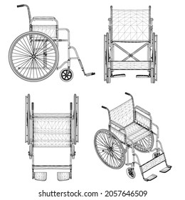 Set with wheelchairs wireframes isolated on white background. Isometric view, front, top, side. 3D. Vector illustration