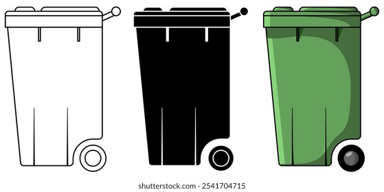 Set of Wheelie Bin flat vector elements in black and white and colour cartoon versions isolated on a white background