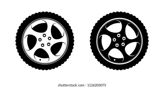 Set Of Wheels Clipart In White And Black Disks. Vector Illustration For Tire Service Or Auto Business Decoration. Premium Design Of Wheels On White.