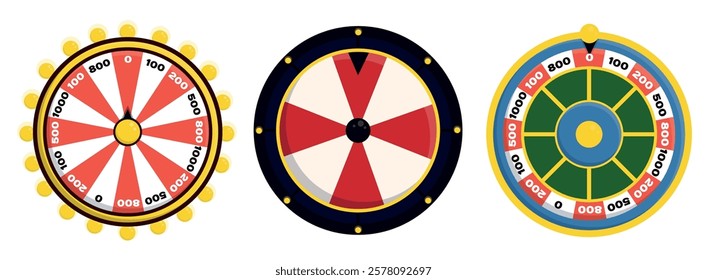 Set of wheels of fortune in cartoon style. Vector illustration of colored roulettes of fortune with numbers, arrows, spinning wheels isolated on white background. Gambling. Jackpot. Casino attributes.