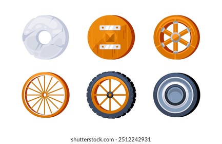 Conjunto de rodas mostrando a evolução desta invenção essencial, de uma simples pedra para um pneu de borracha moderno
