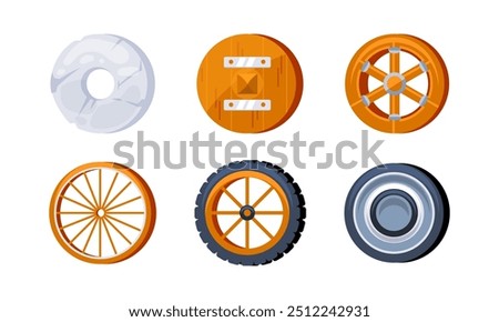 Set of wheels showing the evolution of this essential invention, from a simple stone to a modern rubber tire