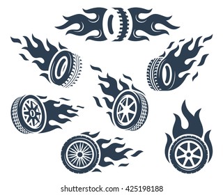 Set of wheels silhouettes with fire flame