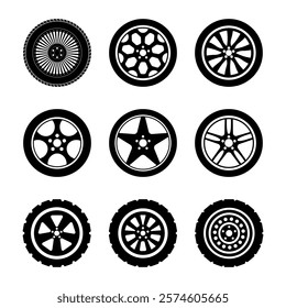 Set of Wheels Vector Illustration. Each design represents a distinct style of car rims and tires, ranging from intricate spoke patterns to rugged off-road tire treads.