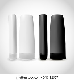 Set of While and Black Cosmetic Packaging. Shampoo mock-ups isolated on white backdrop. 