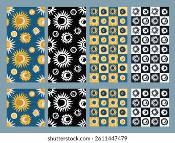 set of whimsical 90s vector seamless pattern background wallpaper social media stories checkered sun moon astrology design