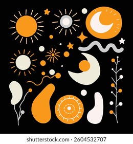 Set of whimsical abstract, solar and herbal design elements.