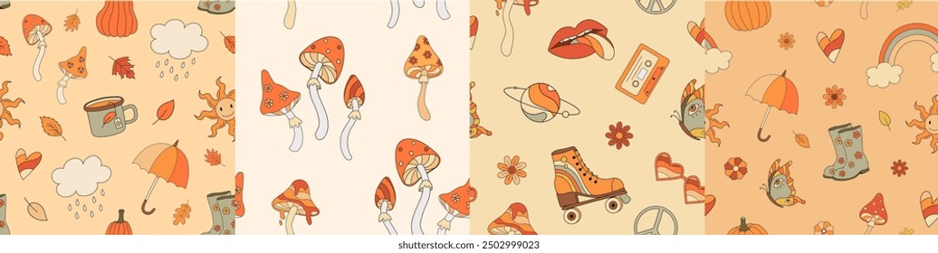 Set of whimsical autumn vibe seamless pattern in retro style with mushrooms, pumpkins, leaves, umbrellas, roller skates and peace signs. Warm orange, beige tones. Nostalgic 80s, 70s.