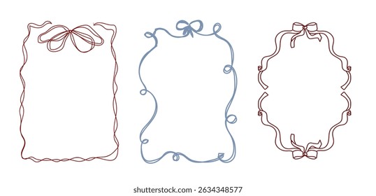 Set Of Whimsical Blue And Red Hand Drawn Frames Bow For Wedding Birthday  Invitations Bridal Baby Shower Retro Vintage Printable Vector Design