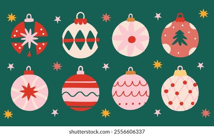 Set of whimsical christmas baubles doodle icons, unique patterns, minimal lines, fun, playful, childish style on green background