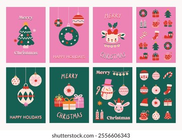 Set of whimsical christmas doodle greeting cards, unique patterns, minimal lines, playful style on white background