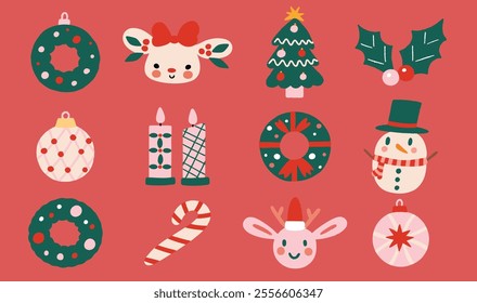 Set of whimsical christmas theme doodle icons, unique patterns, minimal lines, fun, playful, childish style on rose background