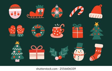 Set of whimsical christmas themed doodle icons, unique patterns, minimal lines, fun, playful, childish style on green background