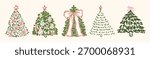 Set of whimsical Christmas tree with bow, xmas ornaments. Whimsy hand drawn winter Christmas trees with star. Line art sketch illustration of winter fir tree