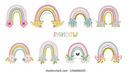 Set of whimsical clipart flower rainbows. Modern baby rainbow with flower bouquet decoration, floral rainbow clipart illustration for nursery poster, sticker, decoration