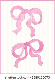 Set of Whimsical Coquette pink ribbon bow watercolor Hand Painted vector