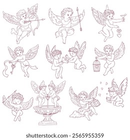 Set of Whimsical Cupids. Line Art Illustration.