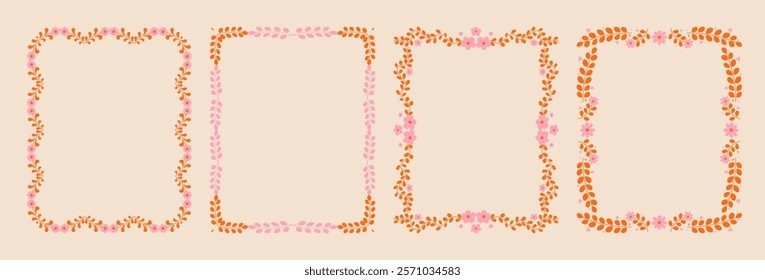 Set of whimsical floral border frames. hand drawn wildflowers and scribble line frame for invitation, valentine or save the date card. Elegant botanical elements.