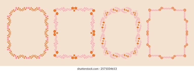 Set of whimsical floral border frames. hand drawn wildflowers and scribble line frame for invitation, valentine or save the date card. Elegant botanical elements.