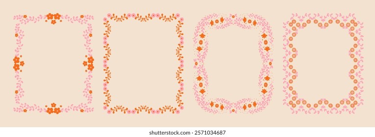 Set of whimsical floral border frames. hand drawn wildflowers and scribble line frame for invitation, valentine or save the date card. Elegant botanical elements.