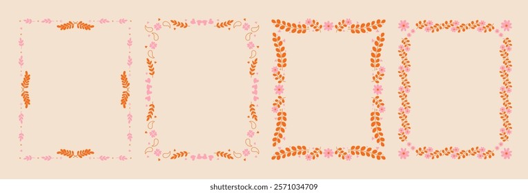 Set of whimsical floral border frames. hand drawn wildflowers and scribble line frame for invitation, valentine or save the date card. Elegant botanical elements.