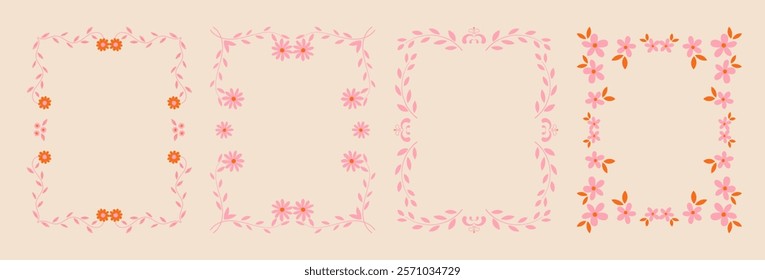 Set of whimsical floral border frames. hand drawn wildflowers and scribble line frame for invitation, valentine or save the date card. Elegant botanical elements.