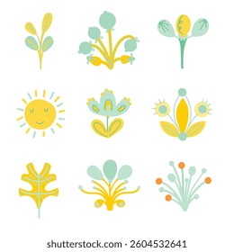 Set of whimsical floral design elements.