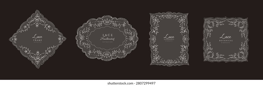 Set of whimsical floral lace frame. Vintage dollies napkin with floral elements for wedding invitations or collage. Elegant embroidery handkerchief, hand drawn illustration.