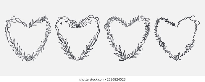 set of whimsical floral wreath and ribbon border frame for wedding card, save the date or valentine day. Scribble line art style. 