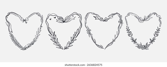 set of whimsical floral wreath and ribbon border frame for wedding card, save the date or valentine day. Scribble line art style. 