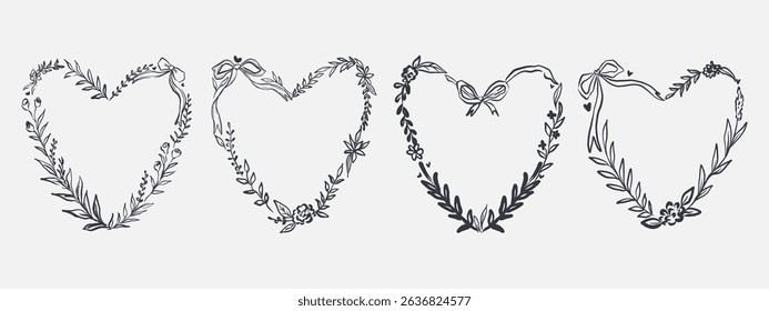 set of whimsical floral wreath and ribbon border frame for wedding card, save the date or valentine day. Scribble line art style. 