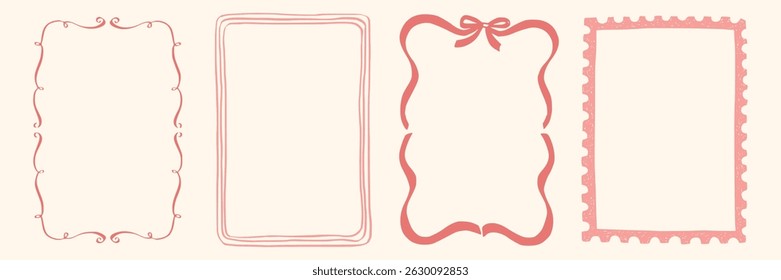 Set whimsical frames with wavy lines, bows, curly ribbons. Hand-drawn trendy vintage style, perfect for wedding invitations, birthday cards, and holiday decor. Minimalist coquette border line art