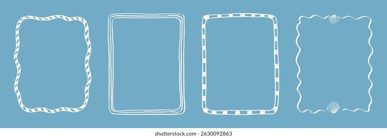Set whimsical frames with wavy lines, bows, curly ribbons. Hand-drawn trendy vintage style, perfect for wedding invitations, birthday cards, and holiday decor. Minimalist coquette border line art