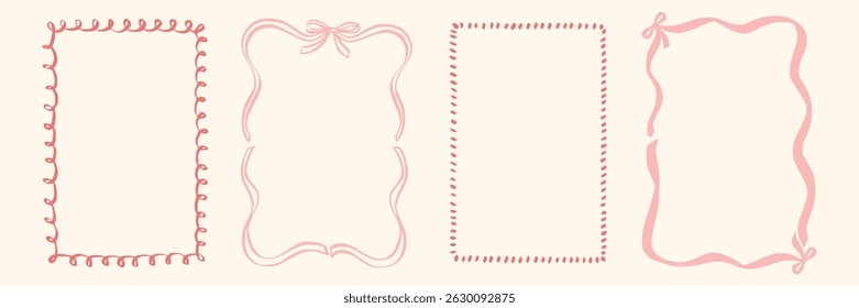 Set whimsical frames with wavy lines, bows, curly ribbons. Hand-drawn trendy vintage style, perfect for wedding invitations, birthday cards, and holiday decor. Minimalist coquette border line art