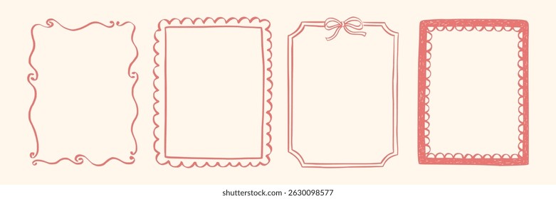 Set whimsical frames with wavy lines, bows, curly ribbons. Hand-drawn trendy vintage style, perfect for wedding invitations, birthday cards, and holiday decor. Minimalist coquette border line art
