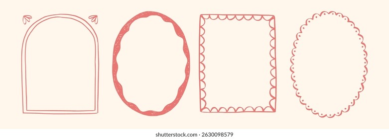 Set whimsical frames with wavy lines, bows, curly ribbons. Hand-drawn trendy vintage style, perfect for wedding invitations, birthday cards, and holiday decor. Minimalist coquette border line art