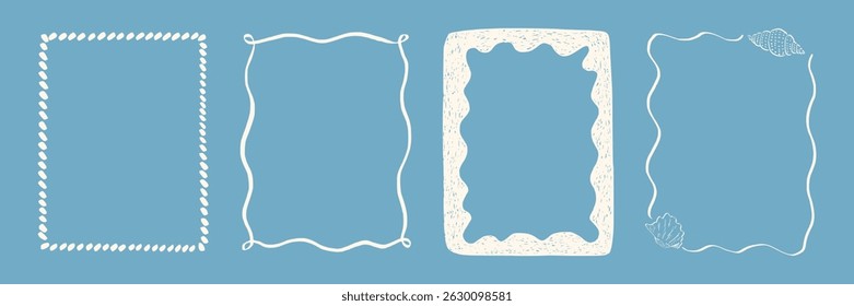 Set whimsical frames with wavy lines, bows, curly ribbons. Hand-drawn trendy vintage style, perfect for wedding invitations, birthday cards, and holiday decor. Minimalist coquette border line art