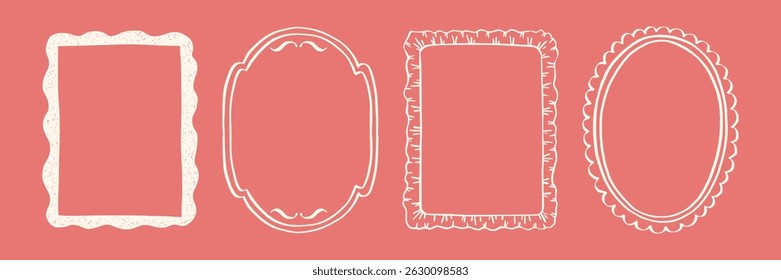 Set whimsical frames with wavy lines, bows, curly ribbons. Hand-drawn trendy vintage style, perfect for wedding invitations, birthday cards, and holiday decor. Minimalist coquette border line art