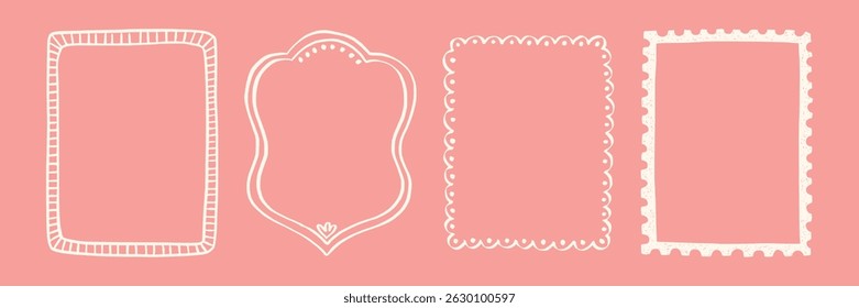 Set whimsical frames with wavy lines, bows, curly ribbons. Hand-drawn trendy vintage style, perfect for wedding invitations, birthday cards, and holiday decor. Minimalist coquette border line art
