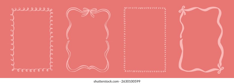Set whimsical frames with wavy lines, bows, curly ribbons. Hand-drawn trendy vintage style, perfect for wedding invitations, birthday cards, and holiday decor. Minimalist coquette border line art