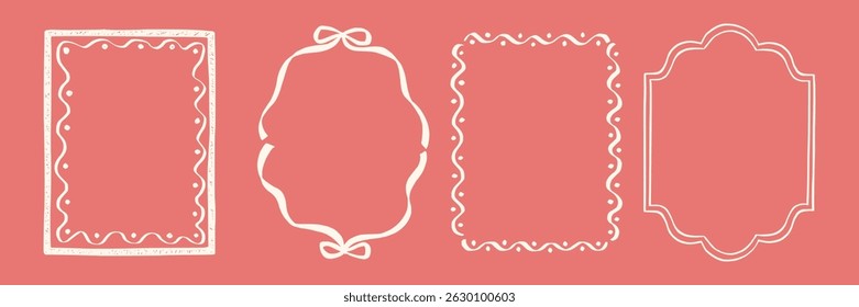 Set whimsical frames with wavy lines, bows, curly ribbons. Hand-drawn trendy vintage style, perfect for wedding invitations, birthday cards, and holiday decor. Minimalist coquette border line art