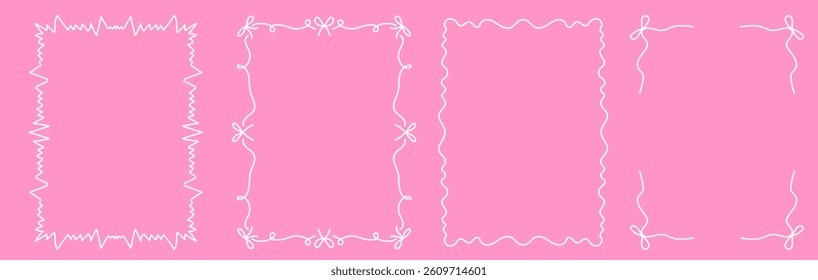 Set of whimsical hand drawn frames with wavy squiggle curly ribbons in trending vintage styles. Crayon drawn vector decor elements. Great for  invitations, greeting cards, posters, banners