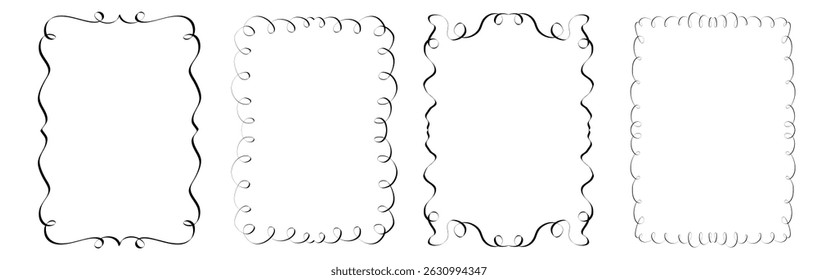 Set of whimsical hand drawn frames with wavy squiggle curly ribbons in trending vintage styles. Hand drawn vector decor elements. Great for  invitations, greeting cards, posters, banners