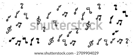 Set of whimsical hand drawn music notes, treble clefs in minimal ink outline style. Vintage retro chalk crayon scribble texture vector. Scrapbook designs, vignetting elements, creative projects 