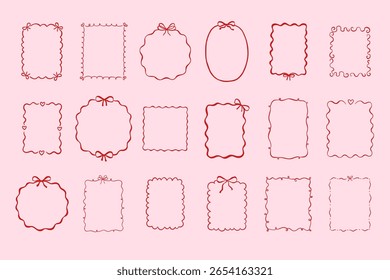 Set of whimsical hand drawn pink color frames with wavy squiggle curly ribbon and bow. Perfect for wedding, birthday or bachelorette party invitations