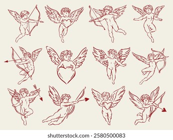 Set of whimsical hand-drawn cherubs illustartion in trendy vintage style. Perfect for quirky wedding holiday, dinner and bar menu, bachelorette party, birthday invitation, sign.