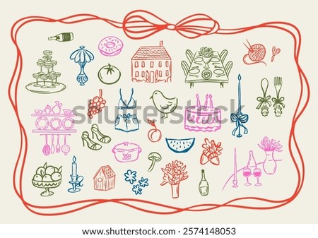 Set of whimsical hand-drawn cottage core, food and drink illustartion in trendy vintage style. Perfect for quirky wedding holiday, dinner and bar menu, bachelorette party, birthday invitation, sign.
